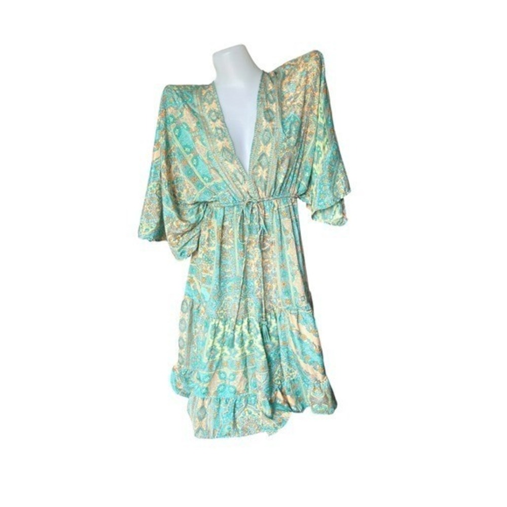 Silk Blend Plunging Mini Dress Aqua Paisley Kimono OS Boho Miami 2026 Collection